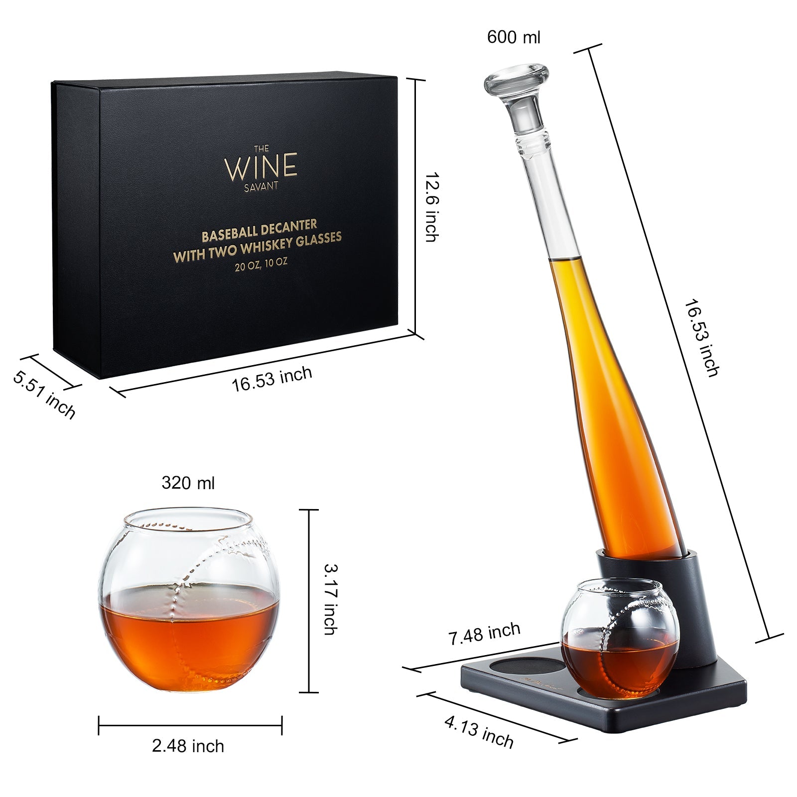 Glass baseball bat whiskey decanter set with two glasses on a home plate wooden stand — view 2
