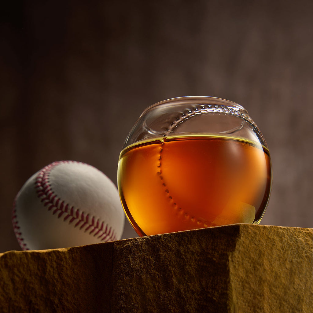 Glass baseball bat whiskey decanter set with two glasses on a home plate wooden stand — view 4