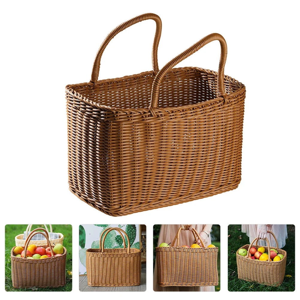 Brown woven wicker basket with handle, stylish retro design for picnics and floral home decor — view 2