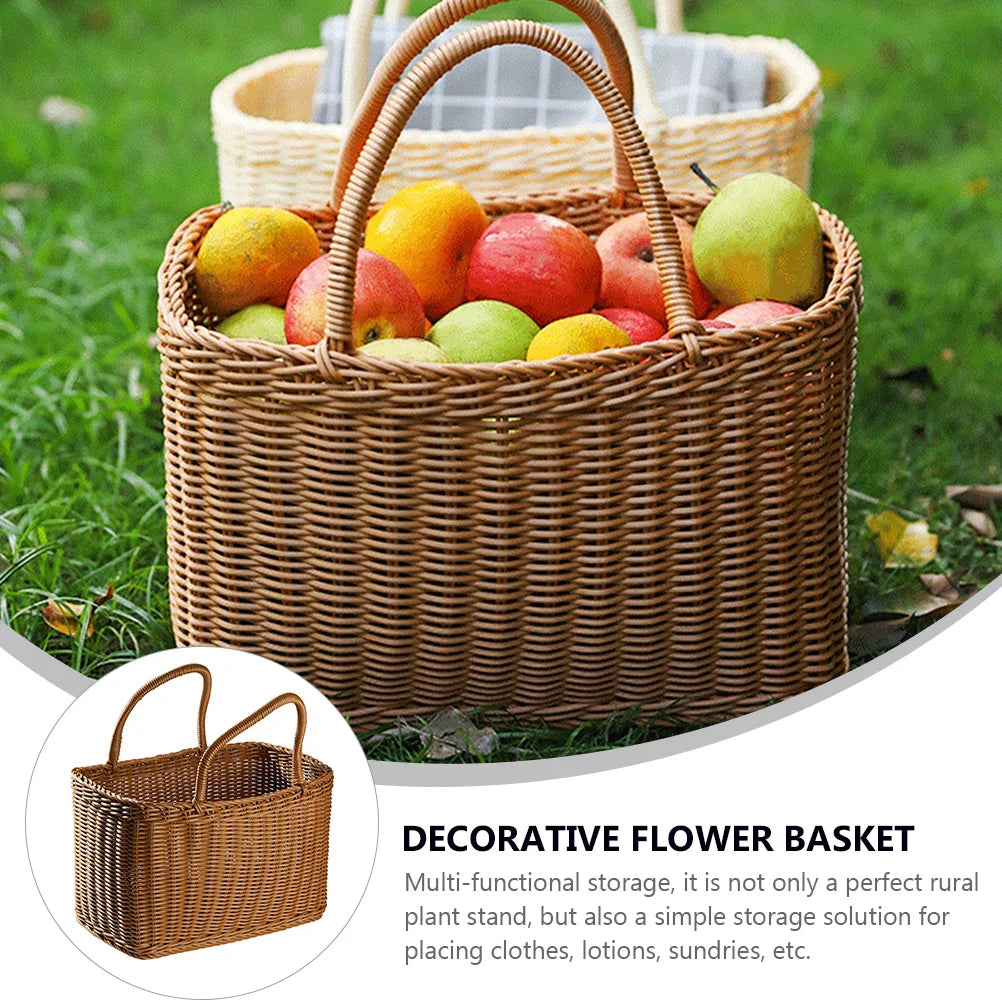 Brown woven wicker basket with handle, stylish retro design for picnics and floral home decor — view 5