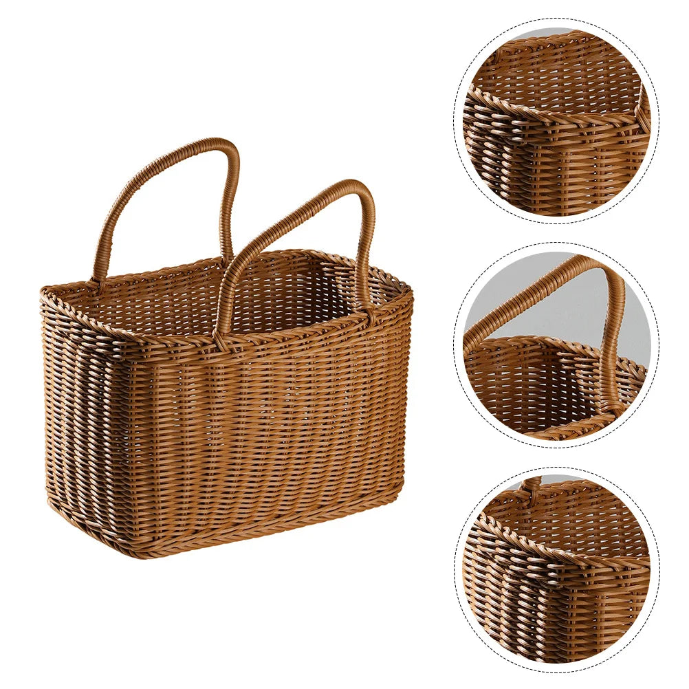 Brown woven wicker basket with handle, stylish retro design for picnics and floral home decor — view 4