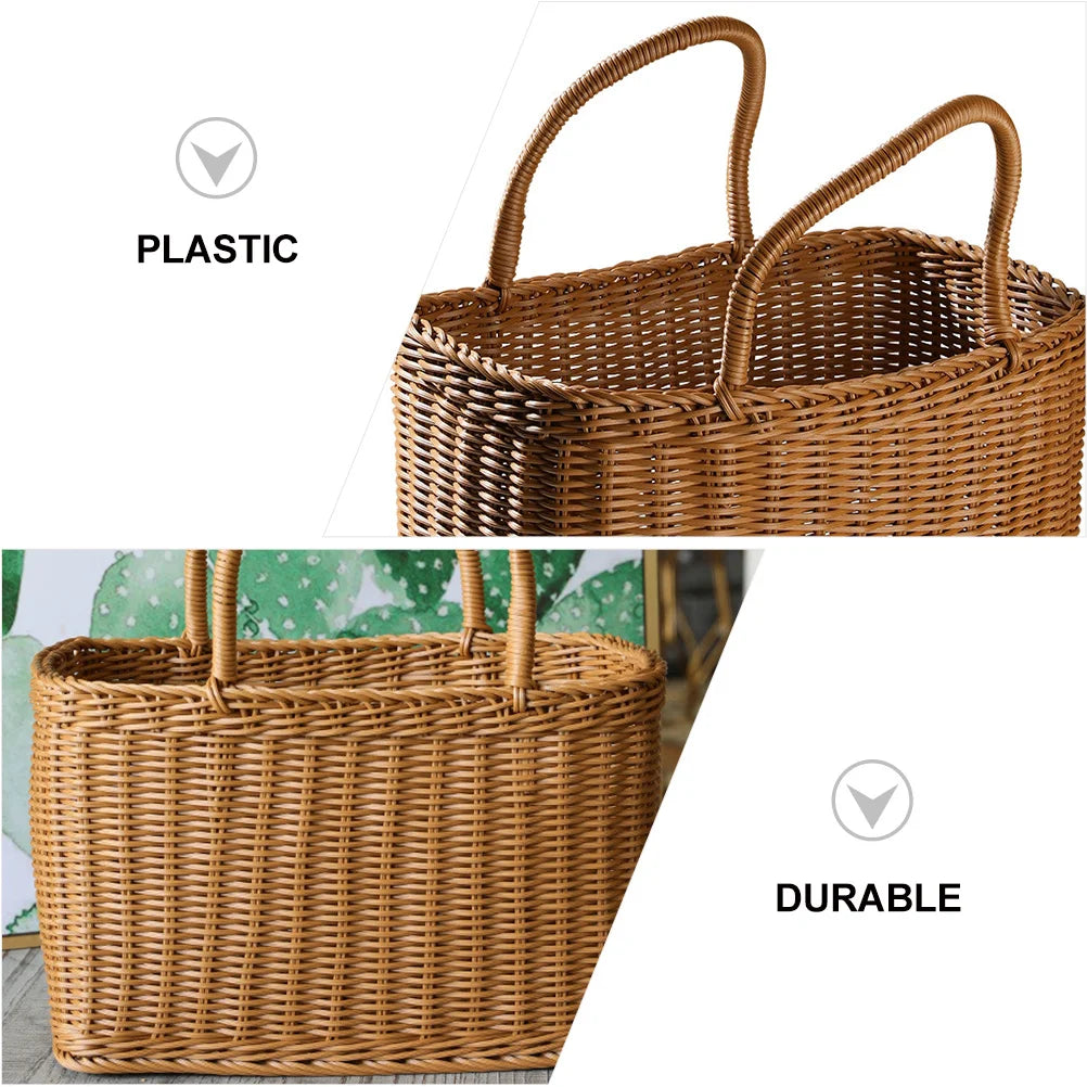 Brown woven wicker basket with handle, stylish retro design for picnics and floral home decor — view 3