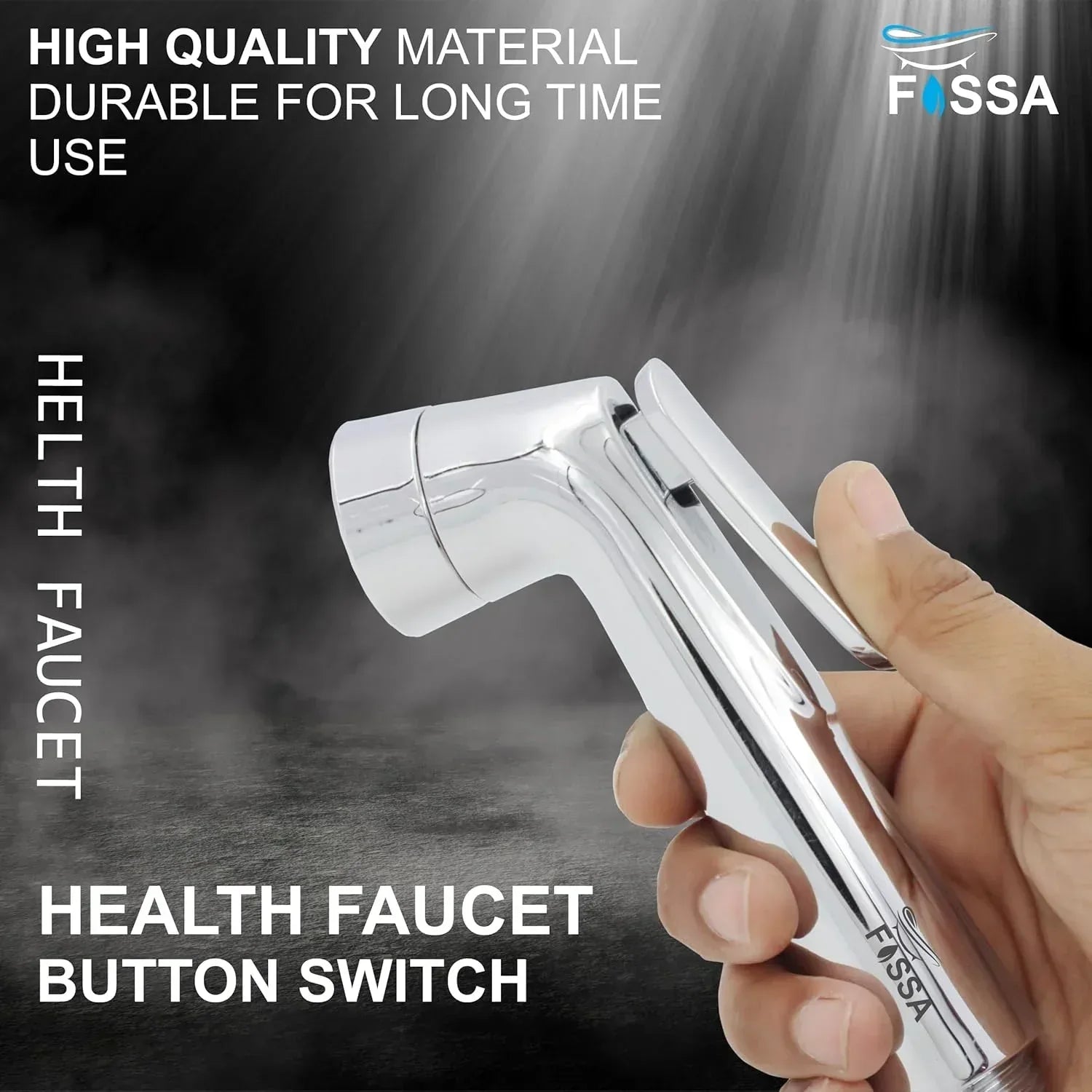 Silver toilet hand spray bidet faucet with a one meter flexible hose and wall hook — view 2