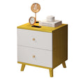 Modern bamboo bedside table with white storage cabinet accents in a minimalist bedroom setting