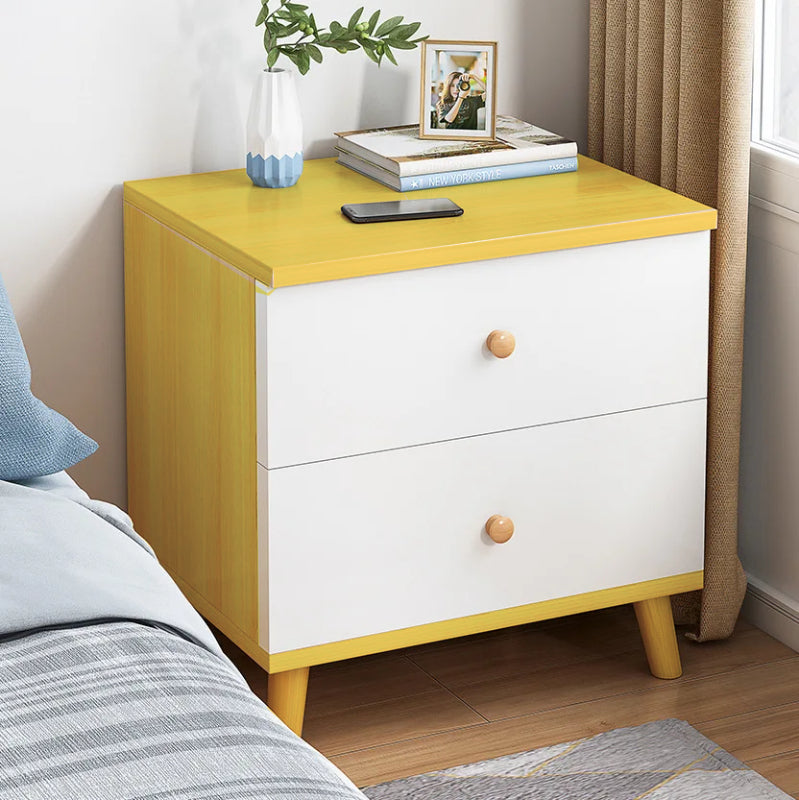Modern bamboo bedside table with white storage cabinet accents in a minimalist bedroom setting — view 3