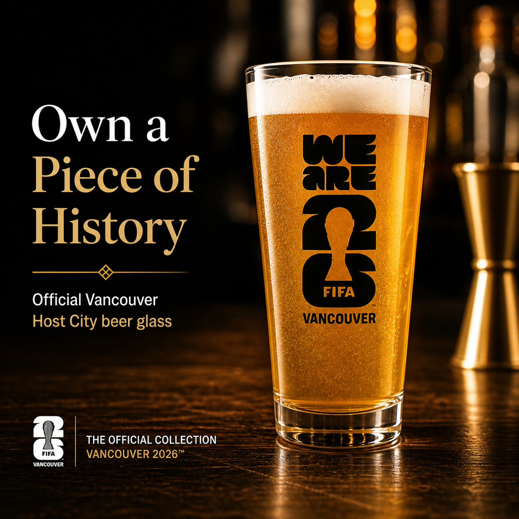 FIFA World Cup 2026 taper beer glass featuring official We Are 26 tournament logo design — view 2