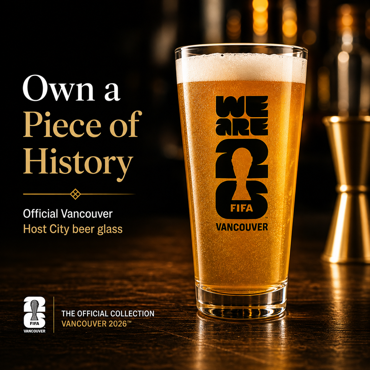 FIFA World Cup 2026 taper beer glass featuring official We Are 26 tournament logo design — view 2