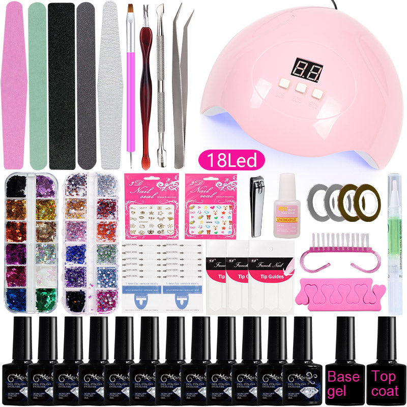Beginner's complete nail art tool kit with gel polishes, brushes, and manicure accessories