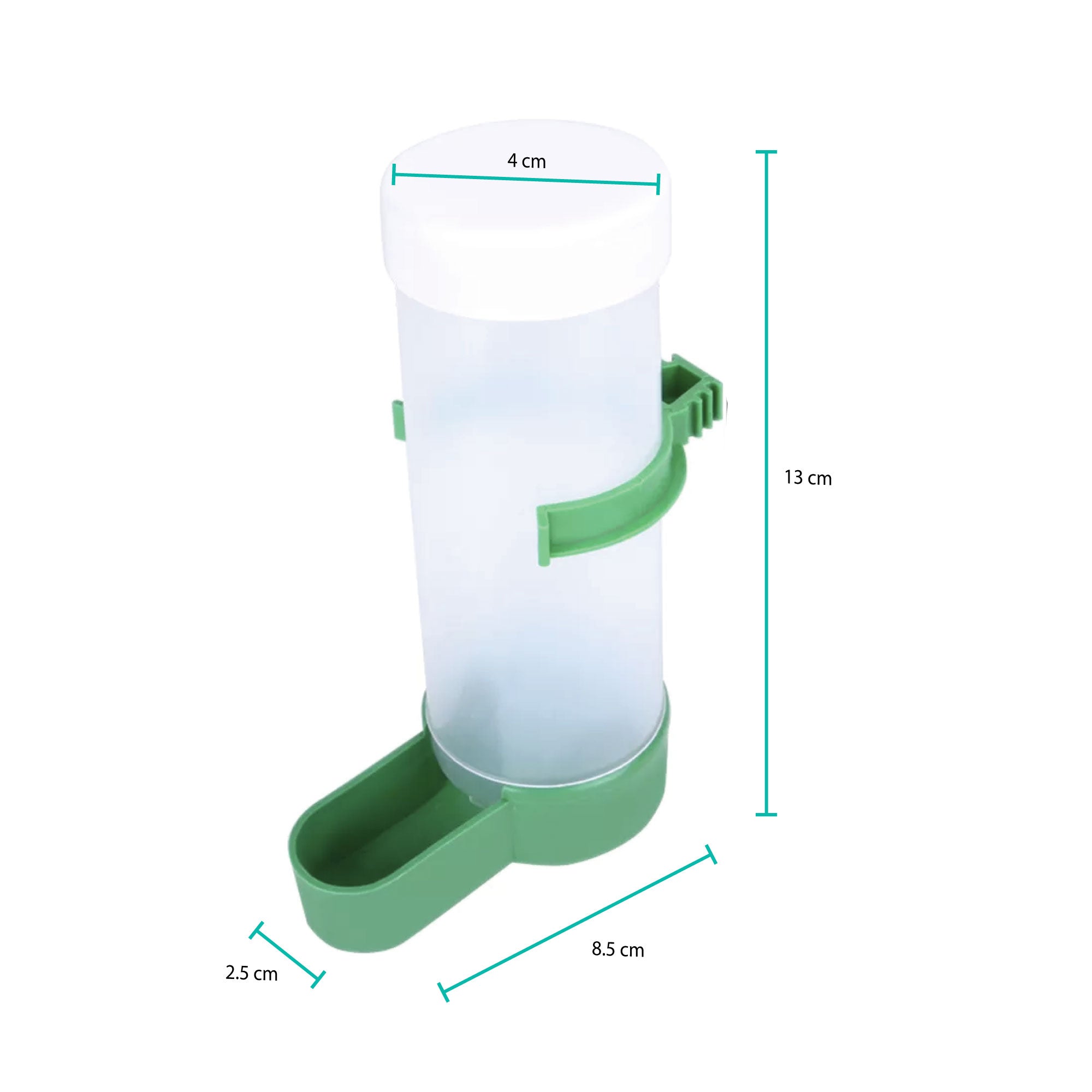 Green and clear plastic automatic bird food dispenser attached to wire cage bars — view 3