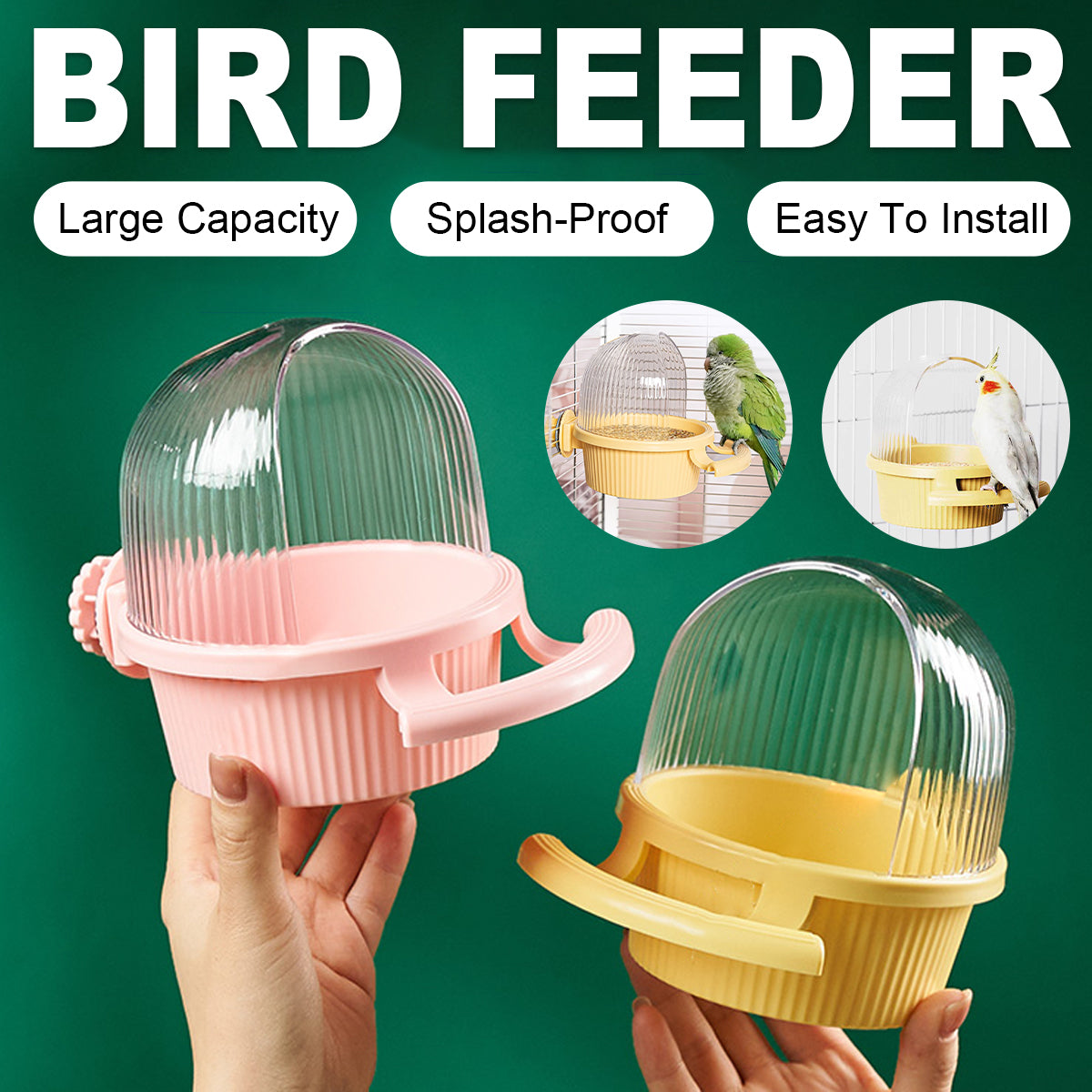 Pink and yellow plastic bird feeder and water dispenser for small to medium bird cages