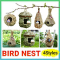 Hand-woven natural bird nest with hanging rope and small predator-proof entrance hole for small birds