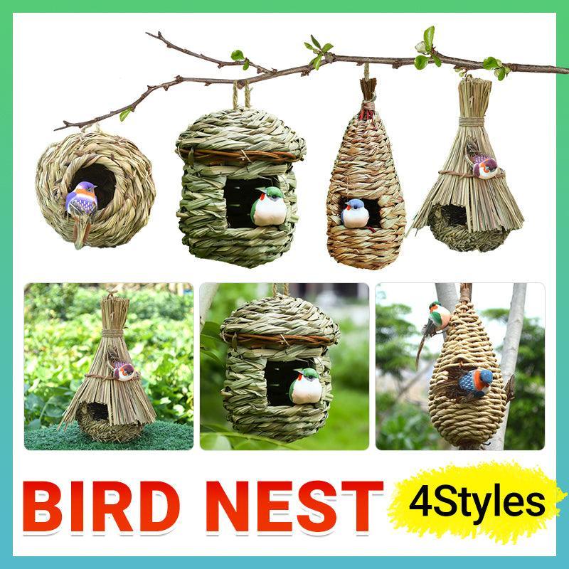 Hand-woven natural bird nest with hanging rope and small predator-proof entrance hole for small birds