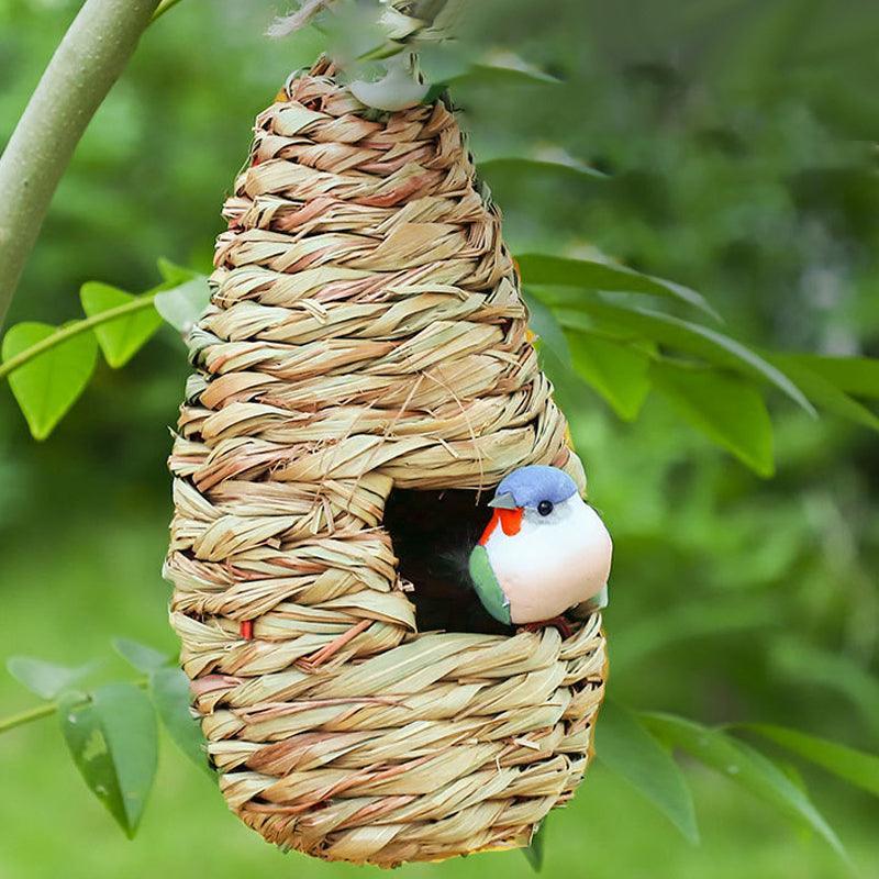 Hand-woven natural bird nest with hanging rope and small predator-proof entrance hole for small birds — view 3