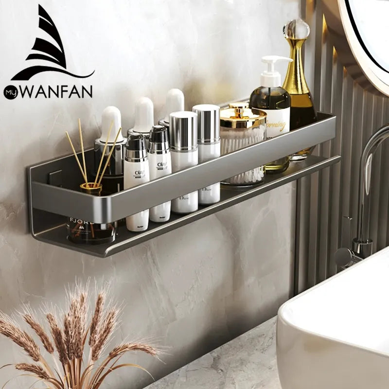 Contemporary gray aluminum wall-mounted bathroom corner shelf organizer holding bath essentials — view 3