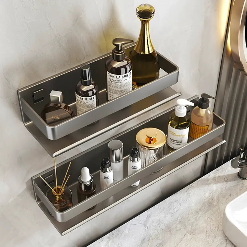 Contemporary gray aluminum wall-mounted bathroom corner shelf organizer holding bath essentials — view 5