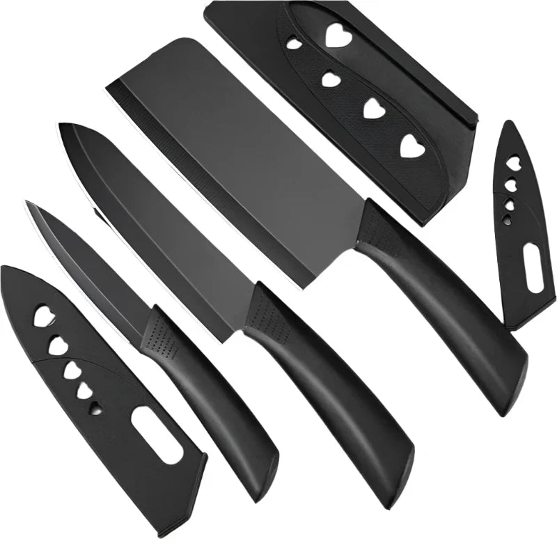 3-piece stainless steel kitchen knife set with black non-slip ergonomic handles for food preparation