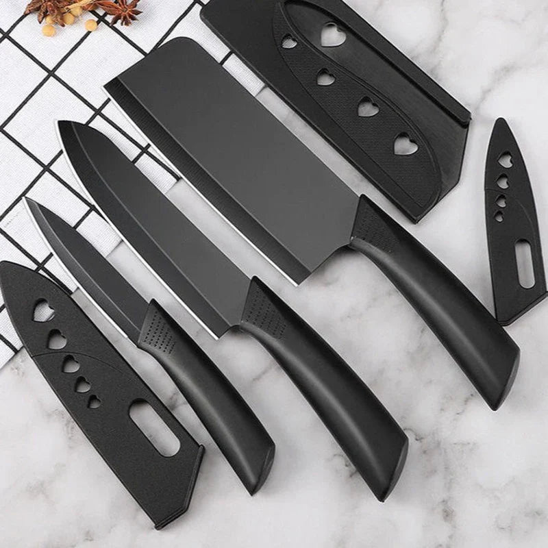3-piece stainless steel kitchen knife set with black non-slip ergonomic handles for food preparation — view 2