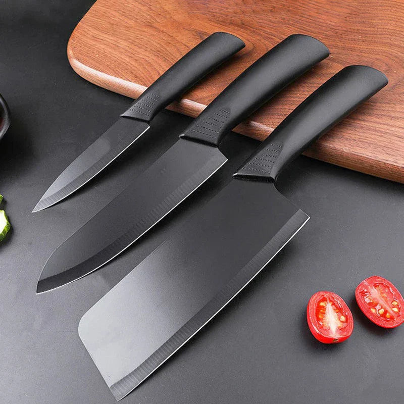 3-piece stainless steel kitchen knife set with black non-slip ergonomic handles for food preparation — view 3