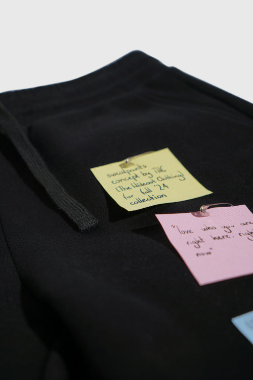 Sticky notes sweatpants in a stacked flared fit with utility pockets and custom interactive detailing — view 4