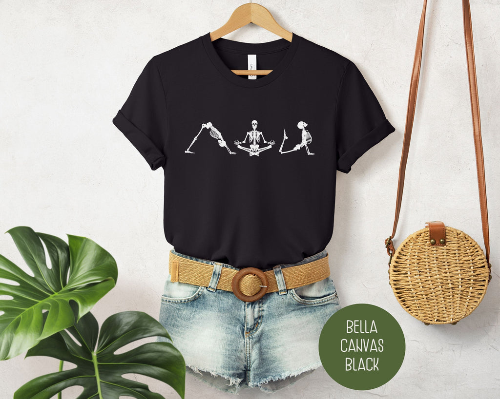 Skeleton Yoga Shirt featuring a dancing skull graphic on a soft unisex cotton t-shirt