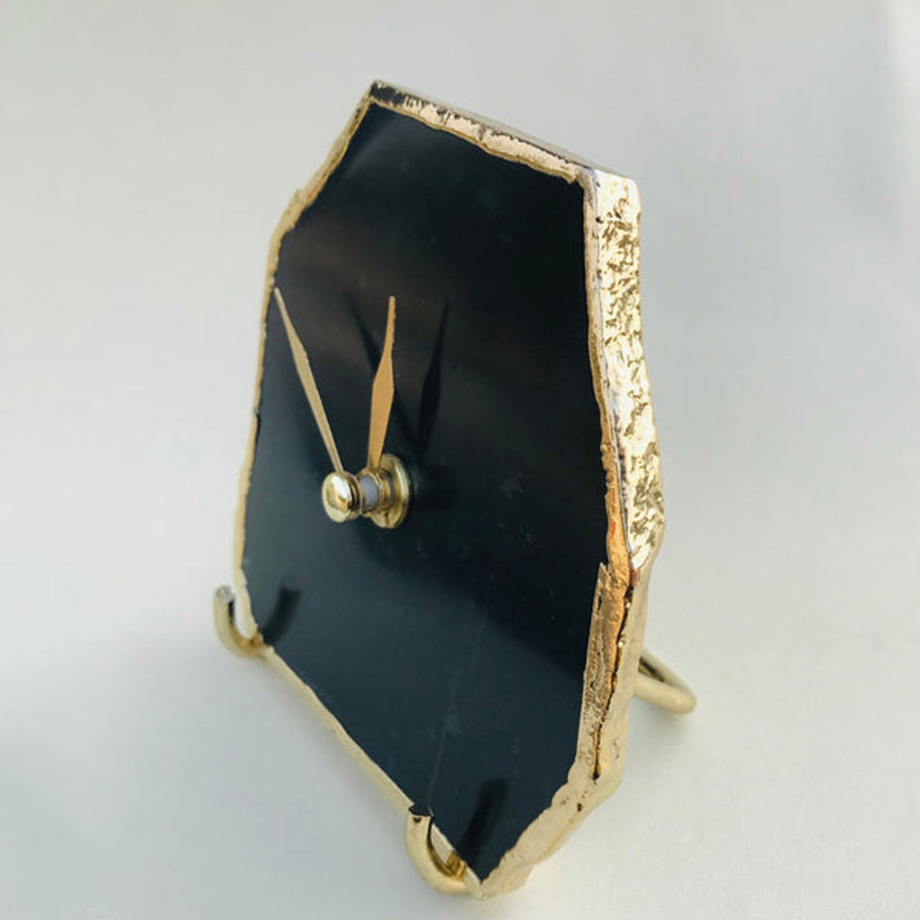 Black agate natural stone desk clock with electroplated metallic gold edges and modern brass hands — view 2