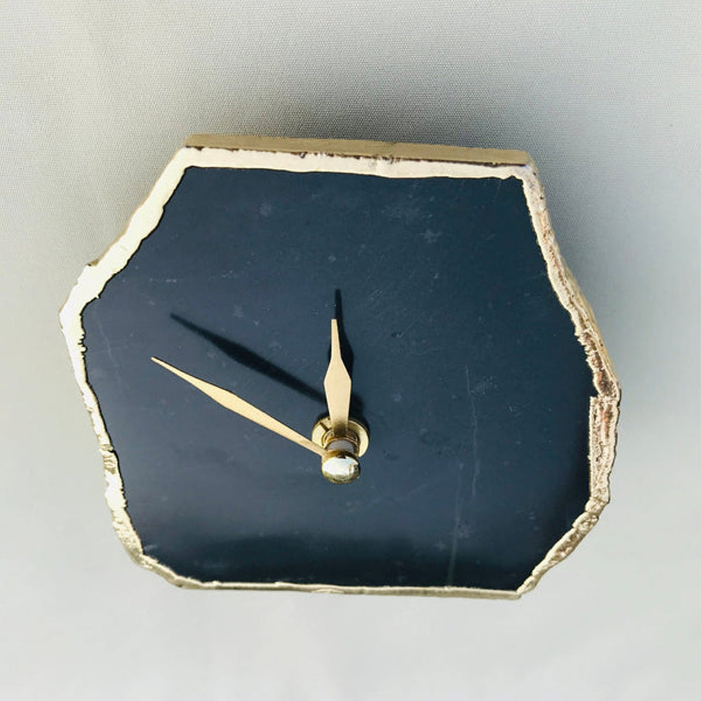 Black agate natural stone desk clock with electroplated metallic gold edges and modern brass hands — view 3