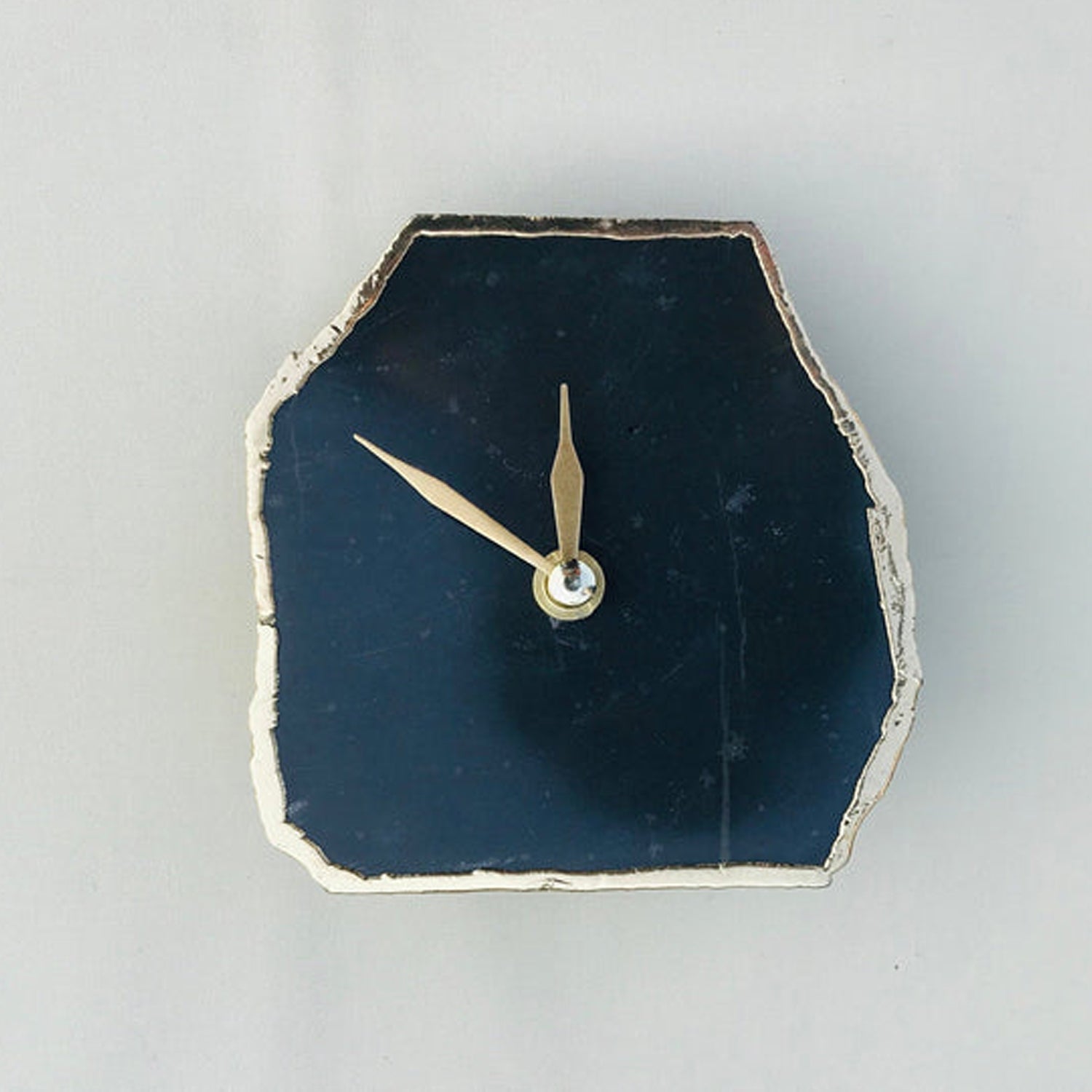Black agate natural stone desk clock with electroplated metallic gold edges and modern brass hands — view 4