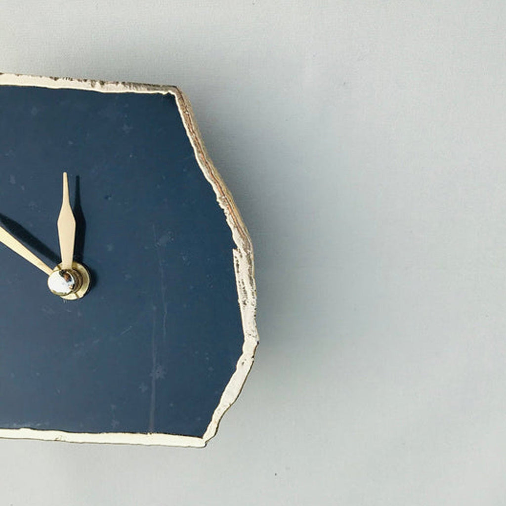 Black agate natural stone desk clock with electroplated metallic gold edges and modern brass hands — view 5
