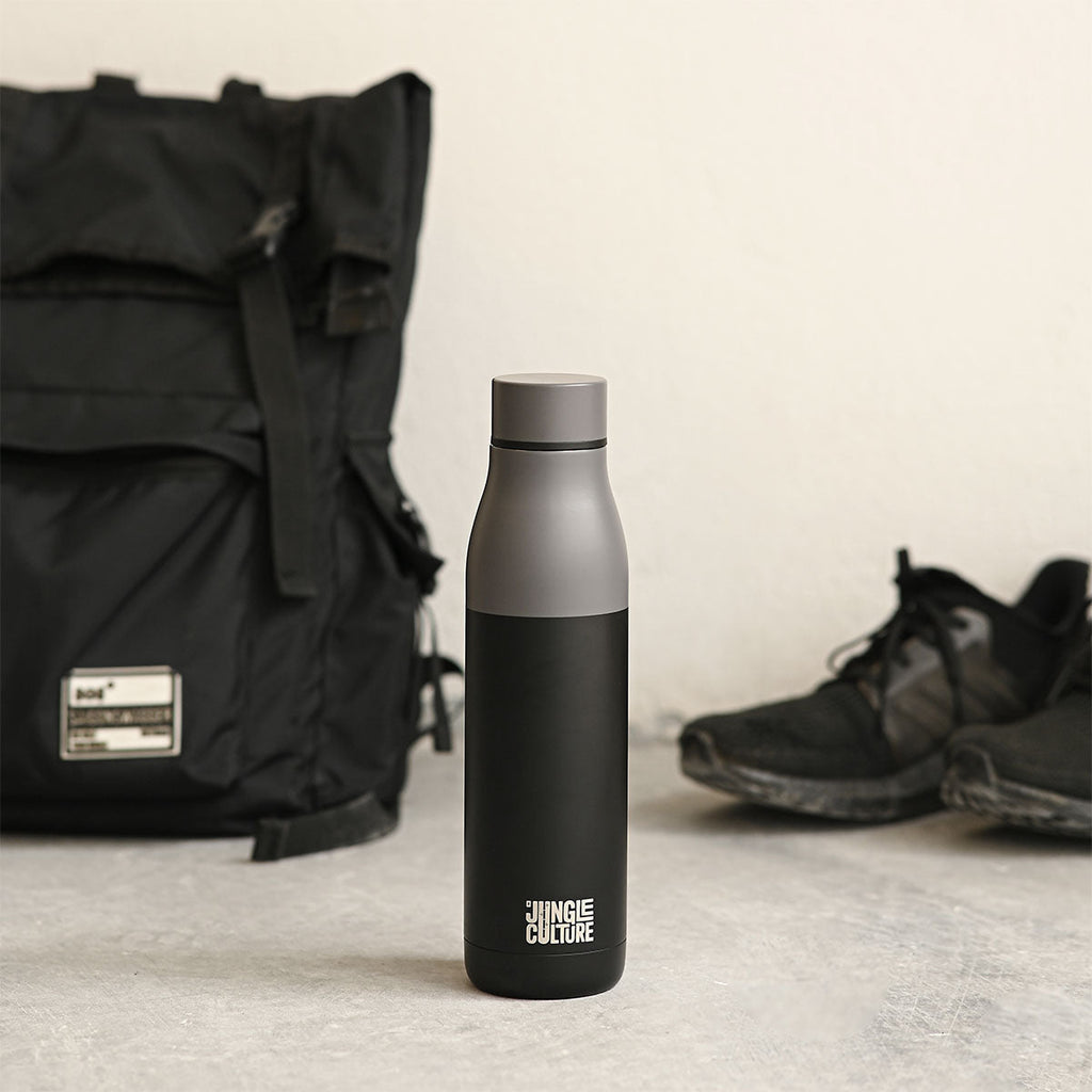 Reusable stainless steel water bottle in sleek matt black finish with an airtight screw lid — view 5