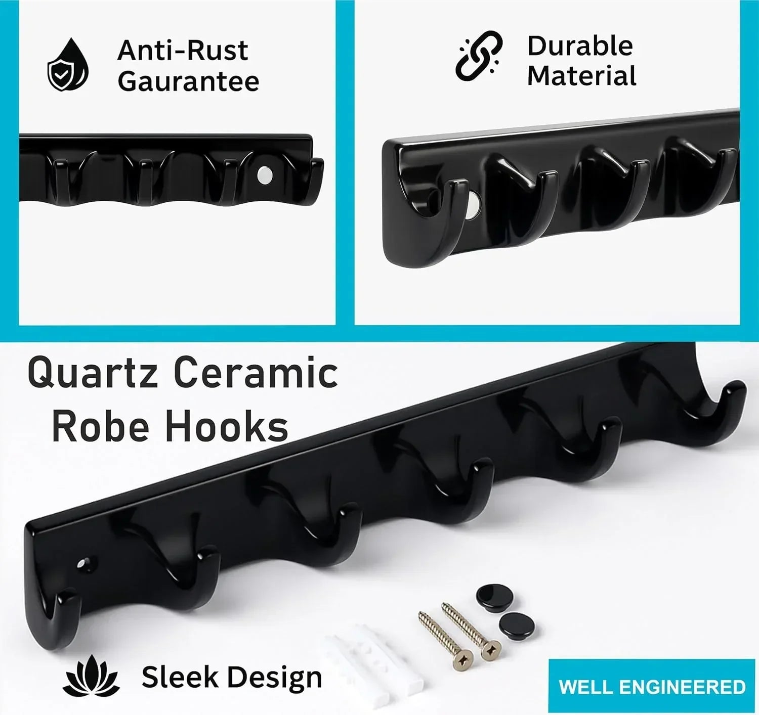 Black glossy cloth hanger made of unbreakable melamine, sleek modern design for bathroom organization — view 4