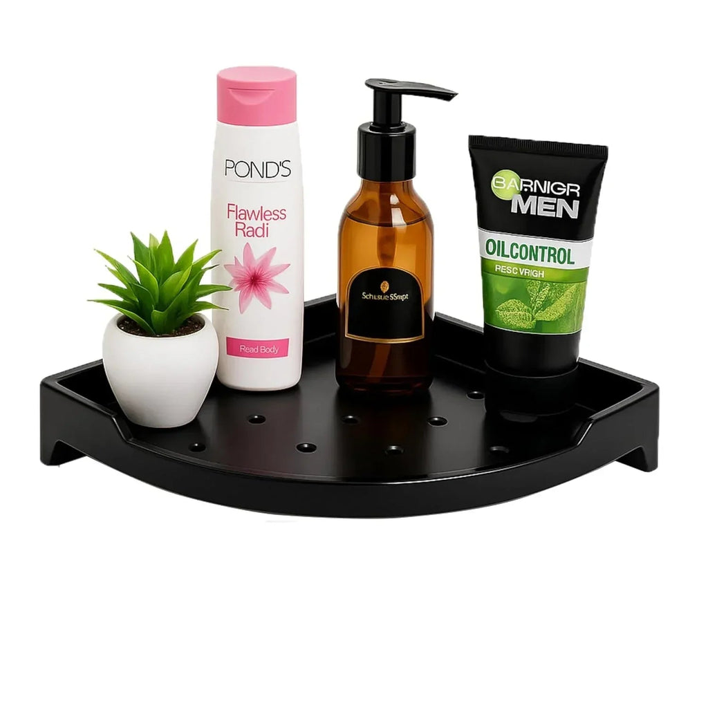 Black corner wall shelf with ceramic finish holding bathroom accessories, unbreakable ABS material
