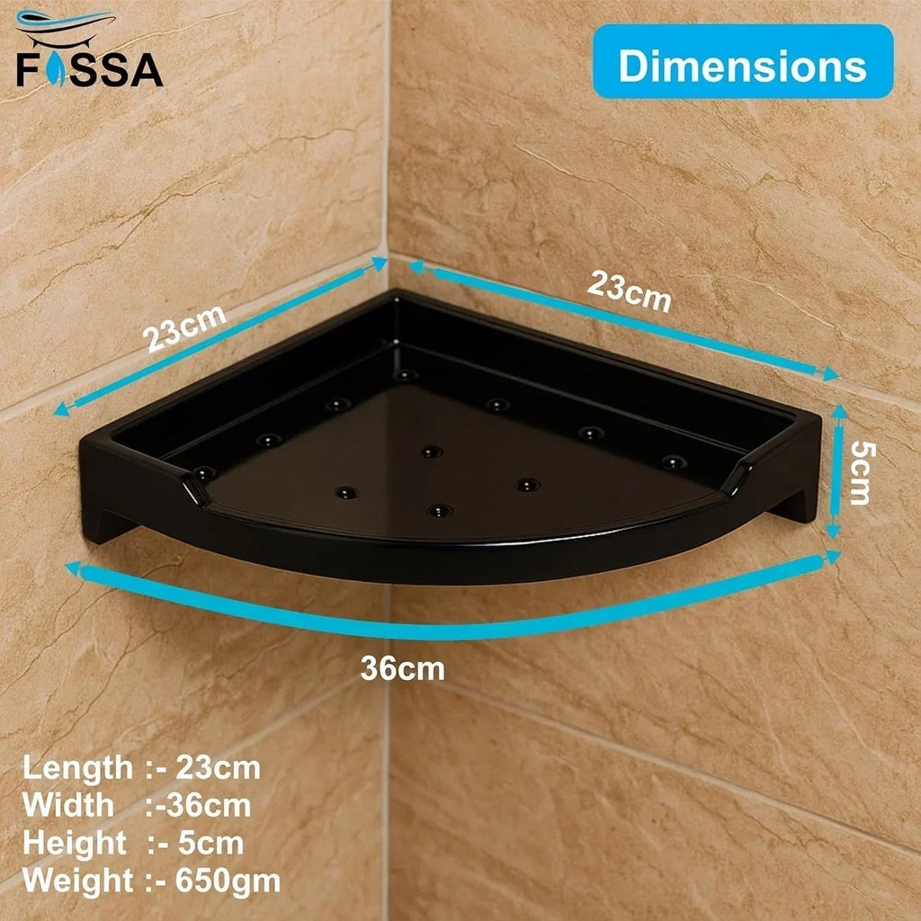 Black corner wall shelf with ceramic finish holding bathroom accessories, unbreakable ABS material — view 2