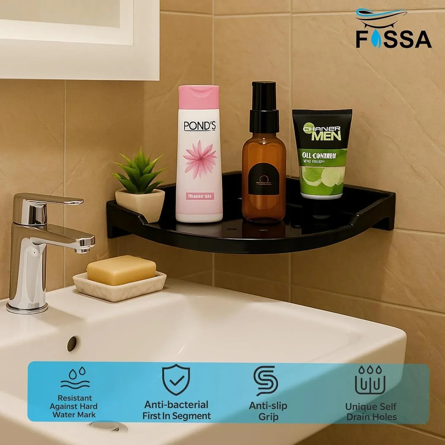 Black corner wall shelf with ceramic finish holding bathroom accessories, unbreakable ABS material — view 3