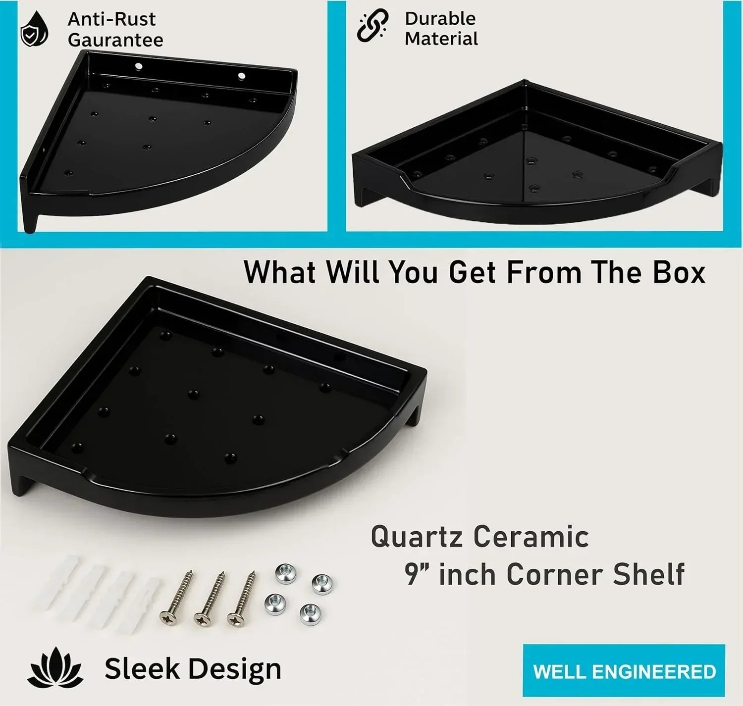 Black corner wall shelf with ceramic finish holding bathroom accessories, unbreakable ABS material — view 4