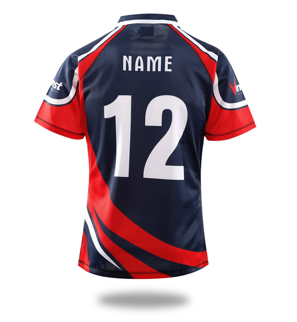 Black and red sublimated rugby jersey with short sleeves made of heavy woven athletic fabric — view 2