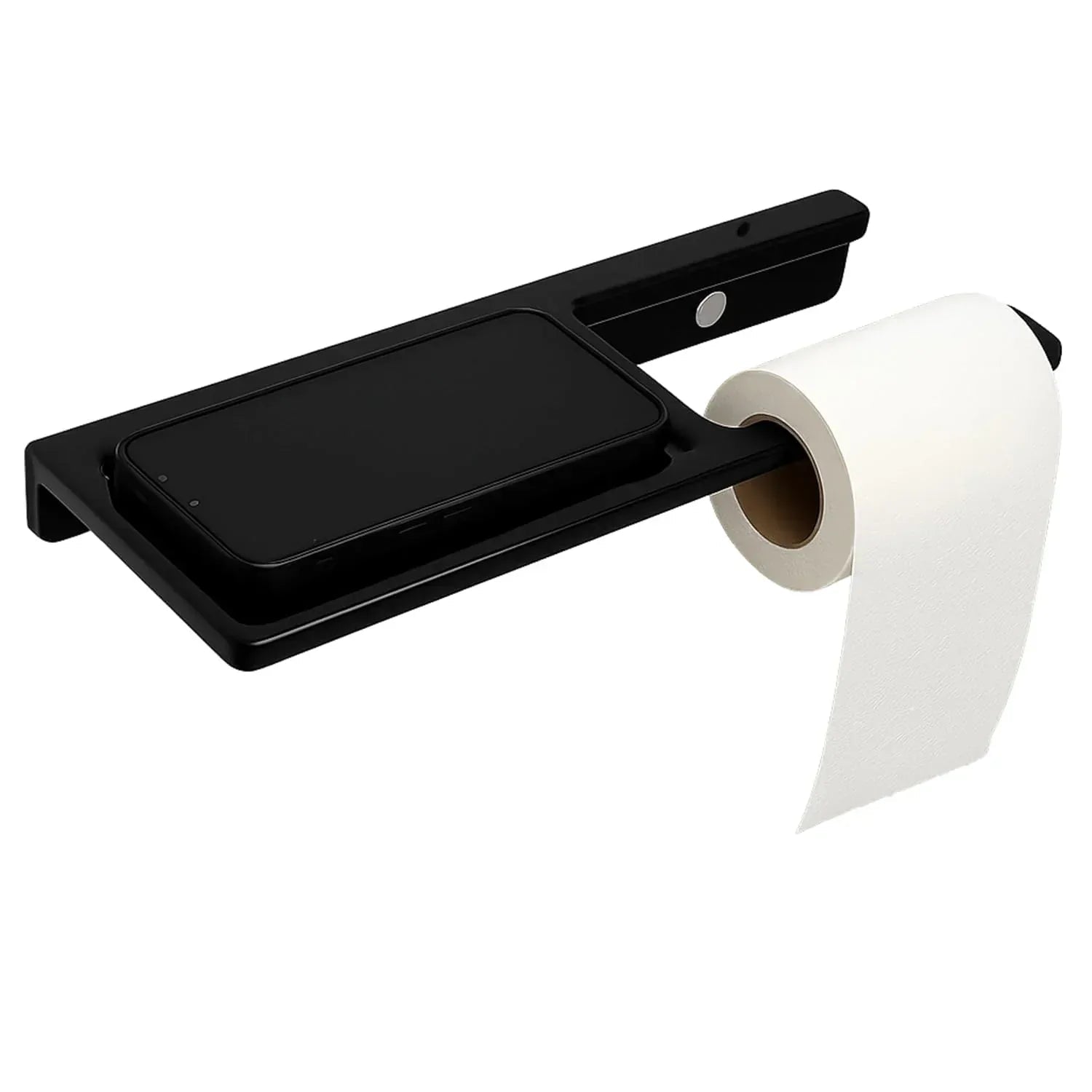 Modern black quartz ceramic toilet paper holder with built-in mobile phone stand and sleek finish.