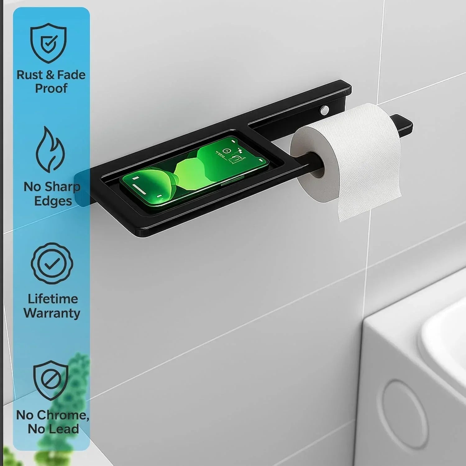 Modern black quartz ceramic toilet paper holder with built-in mobile phone stand and sleek finish. — view 2