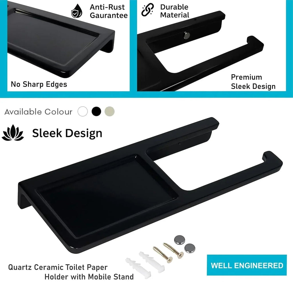 Modern black quartz ceramic toilet paper holder with built-in mobile phone stand and sleek finish. — view 3