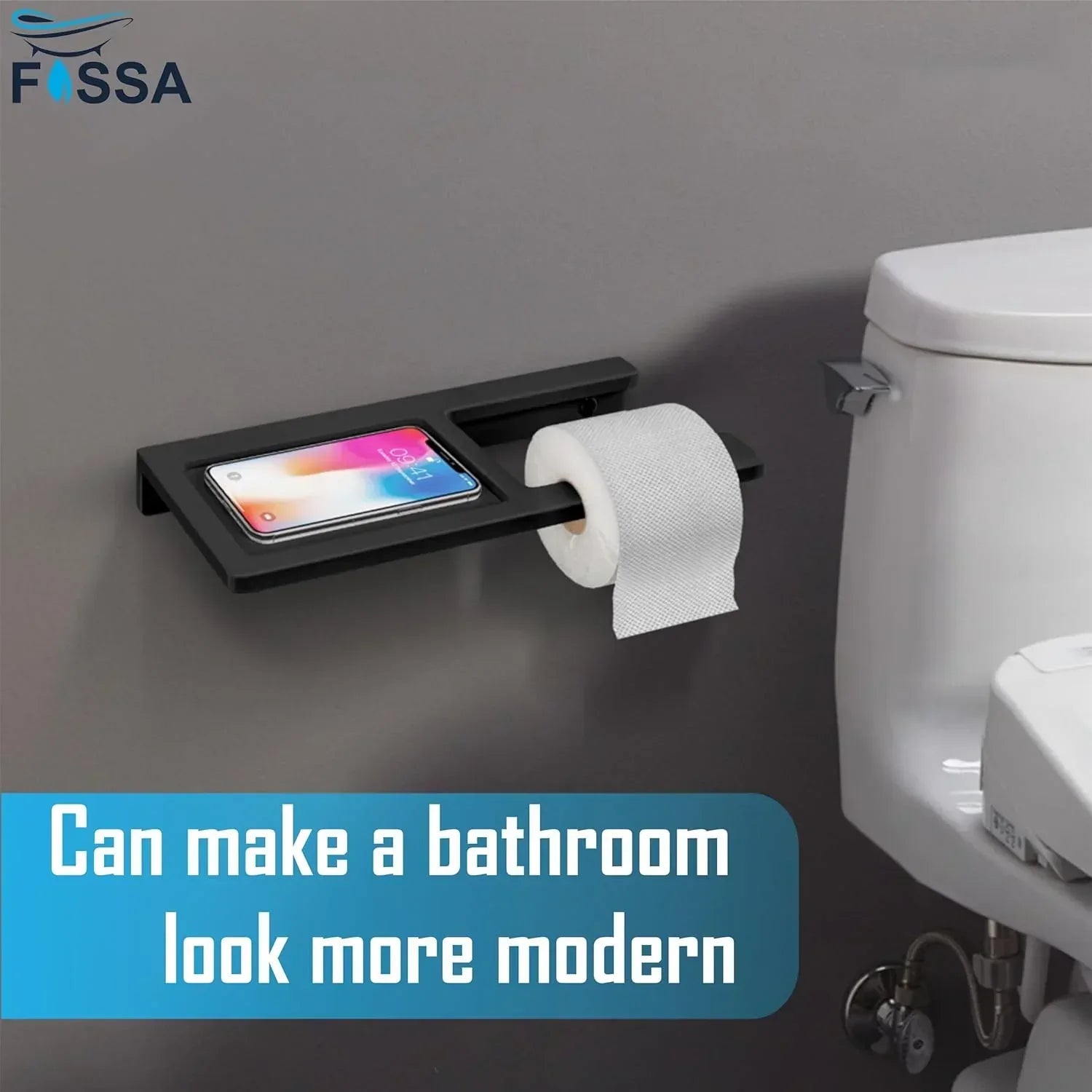 Modern black quartz ceramic toilet paper holder with built-in mobile phone stand and sleek finish. — view 5