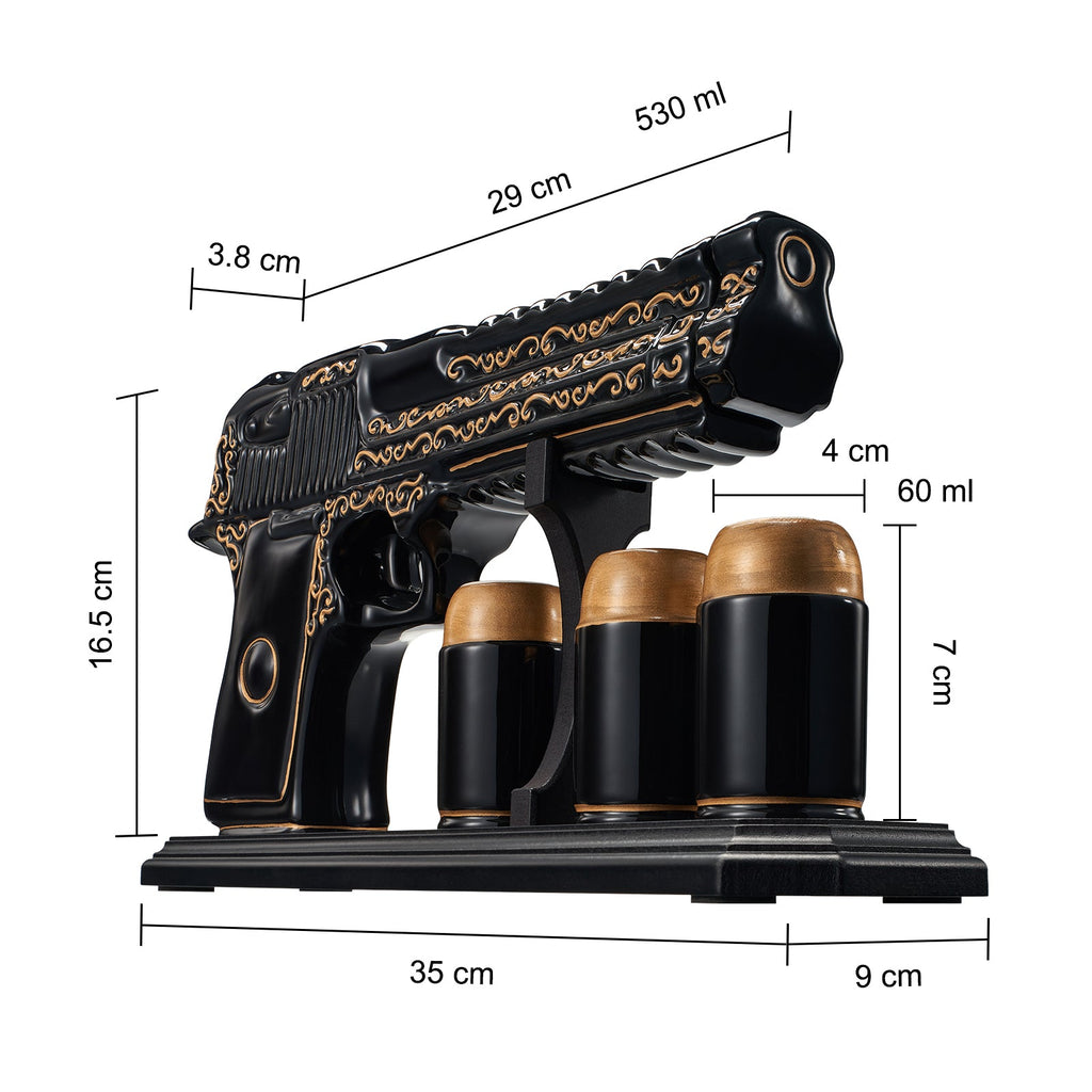 Black hand painted pistol whiskey decanter with three shot glasses on wooden display stand — view 4