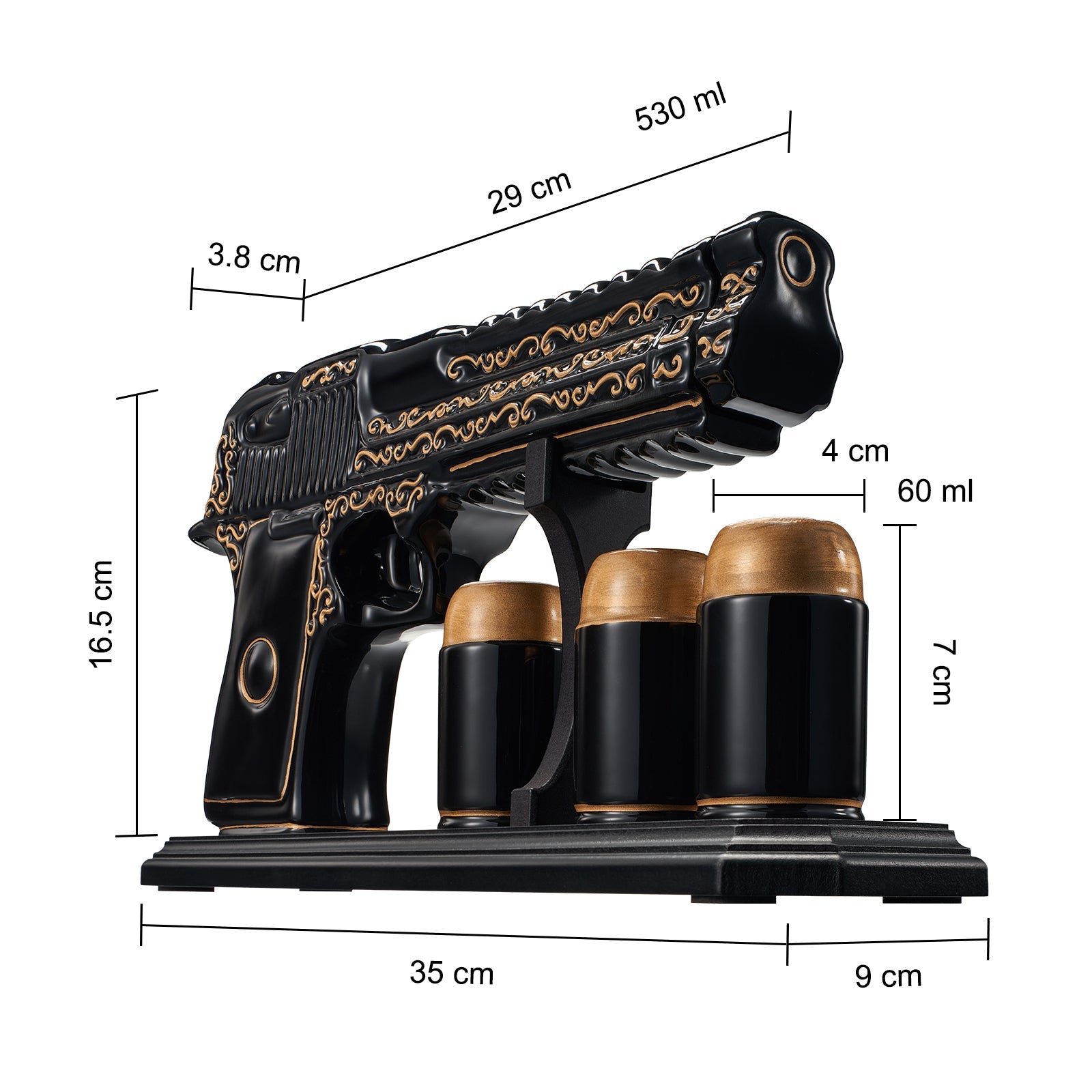 Black hand painted pistol whiskey decanter with three shot glasses on wooden display stand — view 4