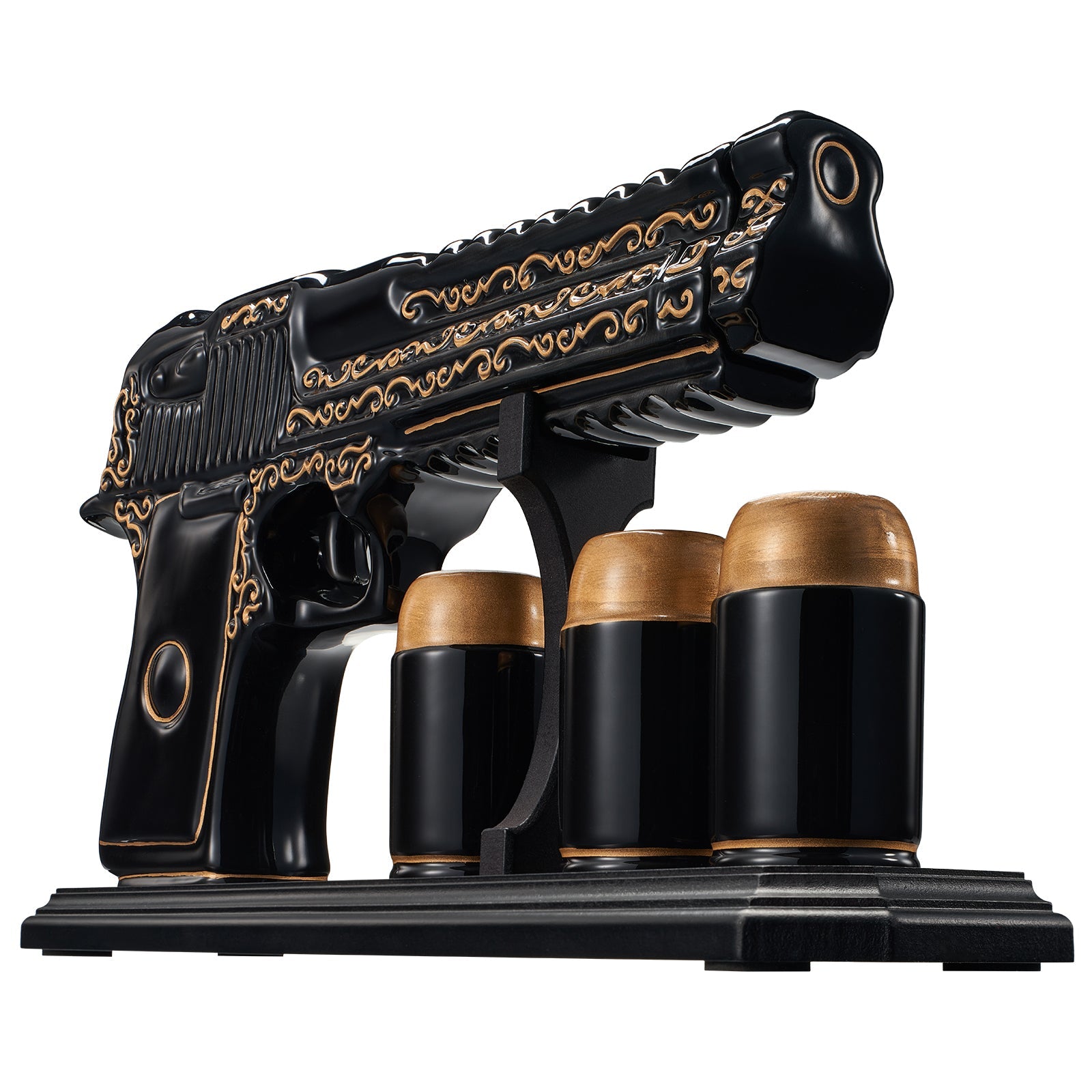 Black hand painted pistol whiskey decanter with three shot glasses on wooden display stand