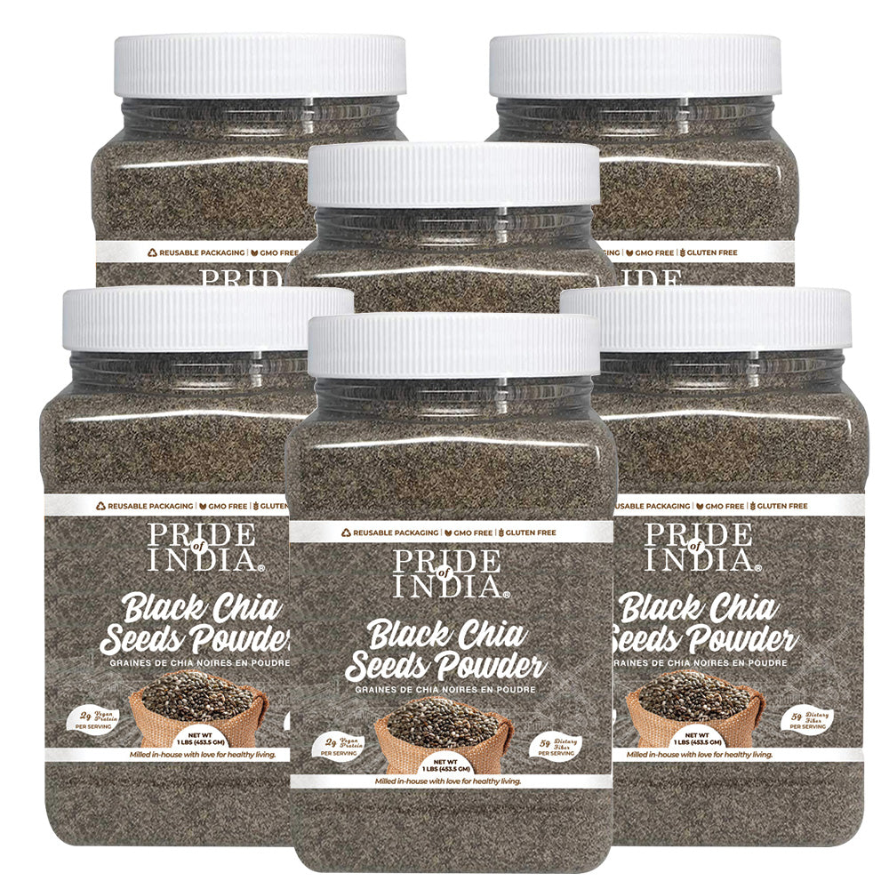 Cold milled raw chia ground superfood powder in a clear pantry storage jar — view 3