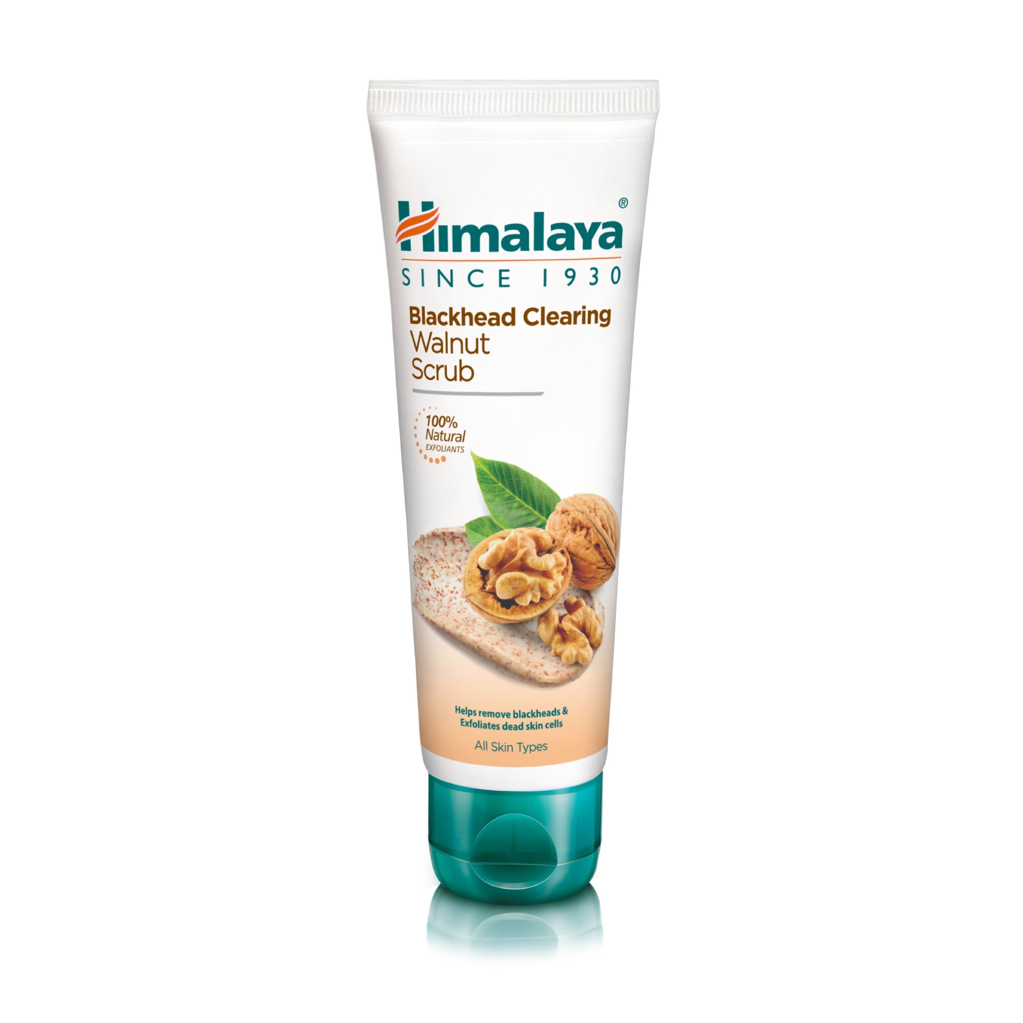 Himalaya blackhead clearing walnut face scrub in a 75ml squeeze tube with botanical ingredient graphics