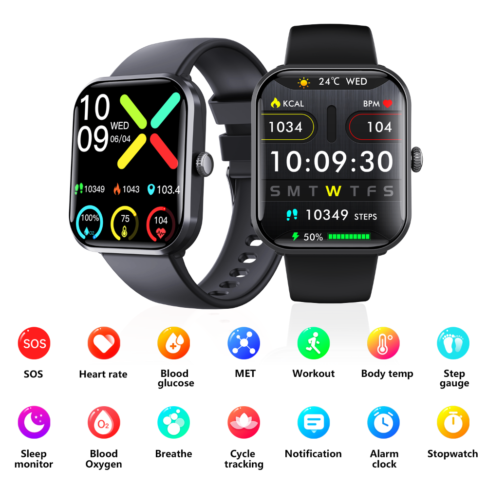 Black Wautton smart watch with silicone band displaying health metrics and blood glucose monitor interface