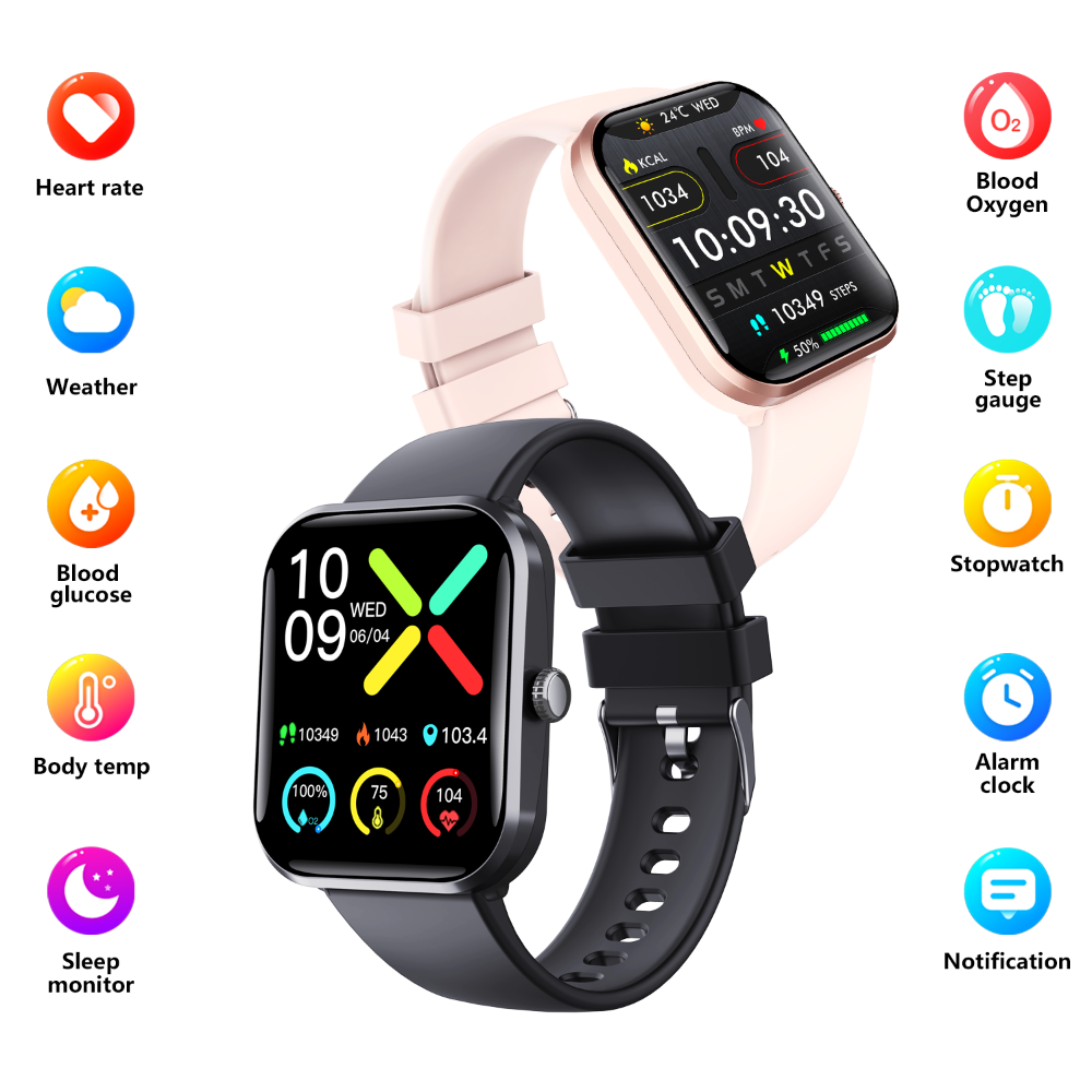 Black Wautton smart watch with silicone band displaying health metrics and blood glucose monitor interface — view 2