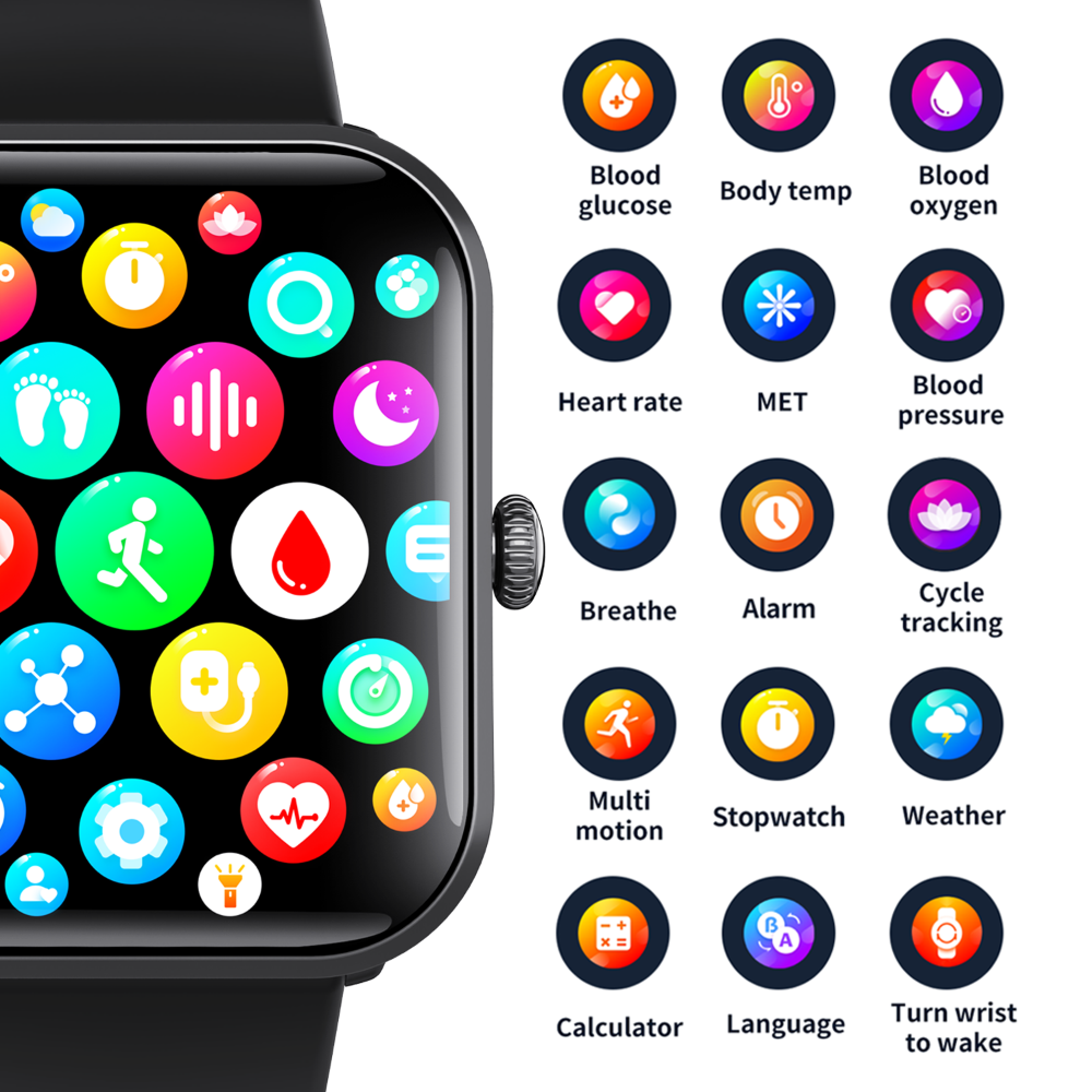Black Wautton smart watch with silicone band displaying health metrics and blood glucose monitor interface — view 5