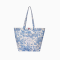 French Toile de Jouy premium cotton tote bag with pastoral motif and front pocket