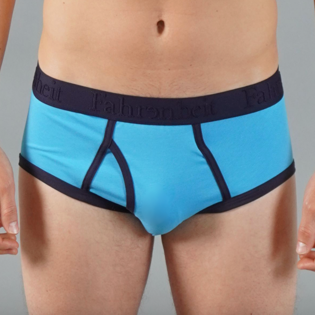 Solid blue men's brief underwear featuring a smooth elastic waistband and raised logo detailing — view 2