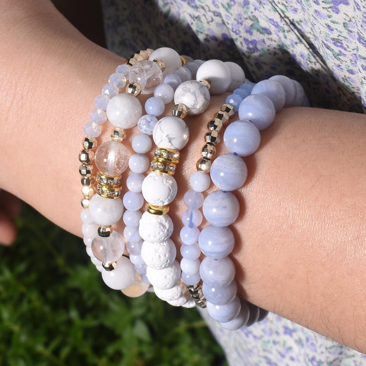 Blue & White Moonstone Blue Lace Agate Build-Your-Own Bracelet Set-0